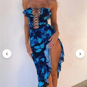 NWT Sisterparty Pattern Lace Up Halter Ruffle High Slit irregular hem Maxi Dress